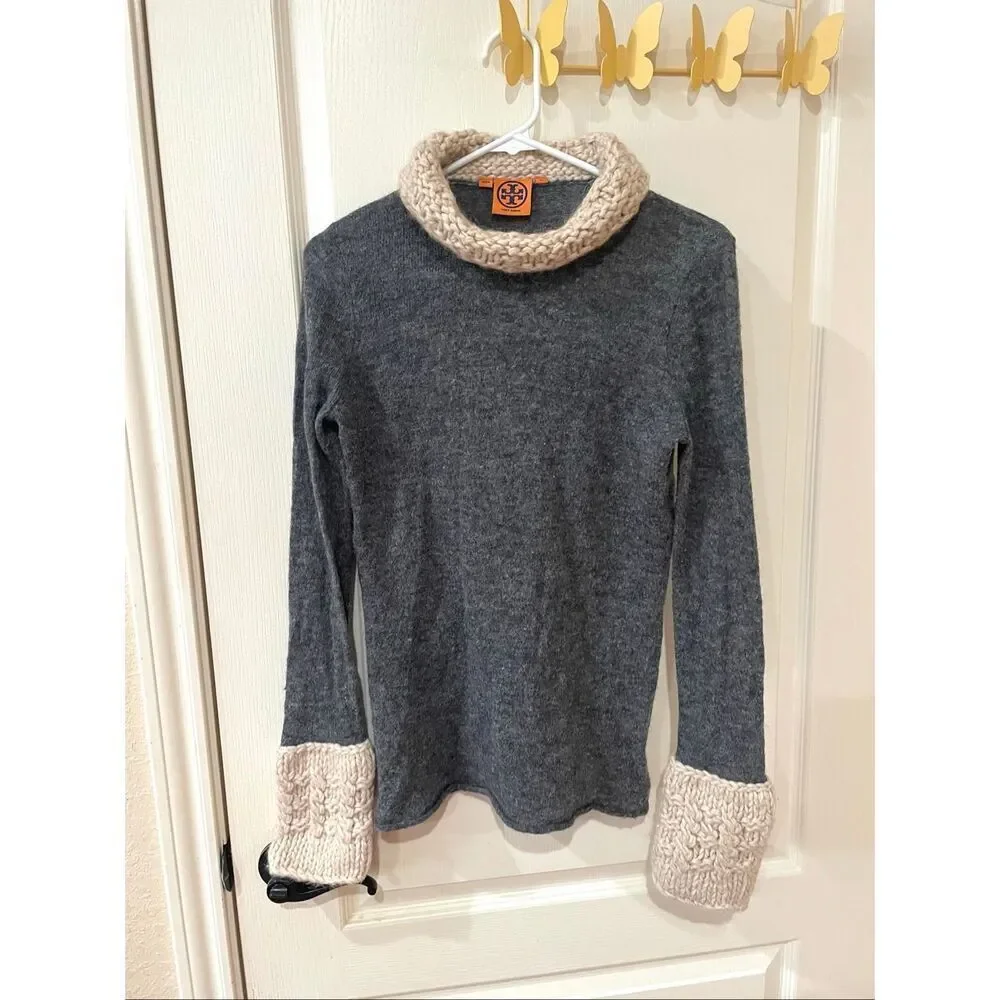 Tory Burch Grey & Off White Cable Knit Neck & Cuffs Turtleneck Sweater